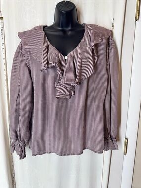 Vintage Cocoon Striped Ruffled Collar Blouse